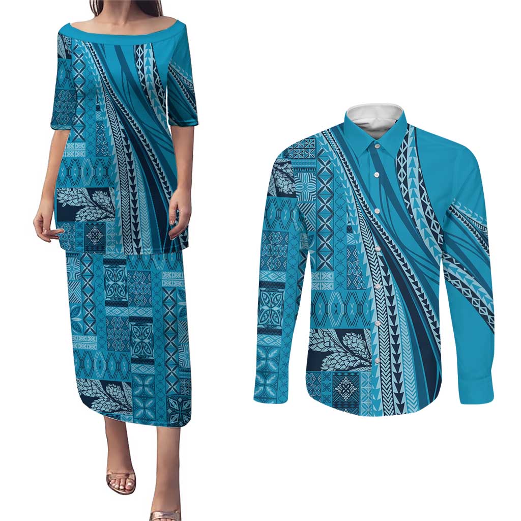 Pasifika Women's Day - Samoa Siapo Malu Tattoo Inspired Couples Matching Puletasi and Long Sleeve Button Shirt Turquoise LT7 Turquoise - Polynesian Pride