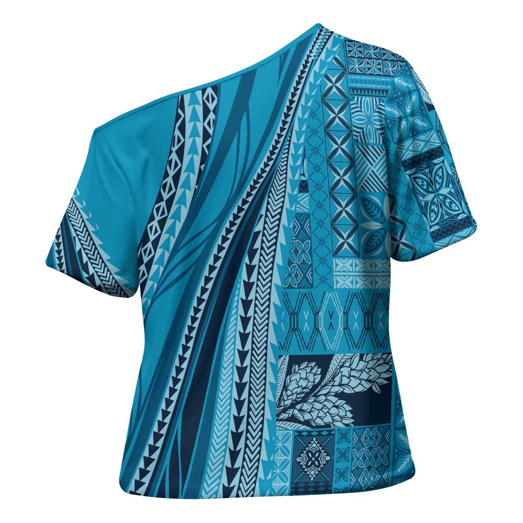 Pasifika Women's Day - Samoa Siapo Malu Tattoo Inspired Cross Shoulder Shirt Turquoise LT7 - Polynesian Pride