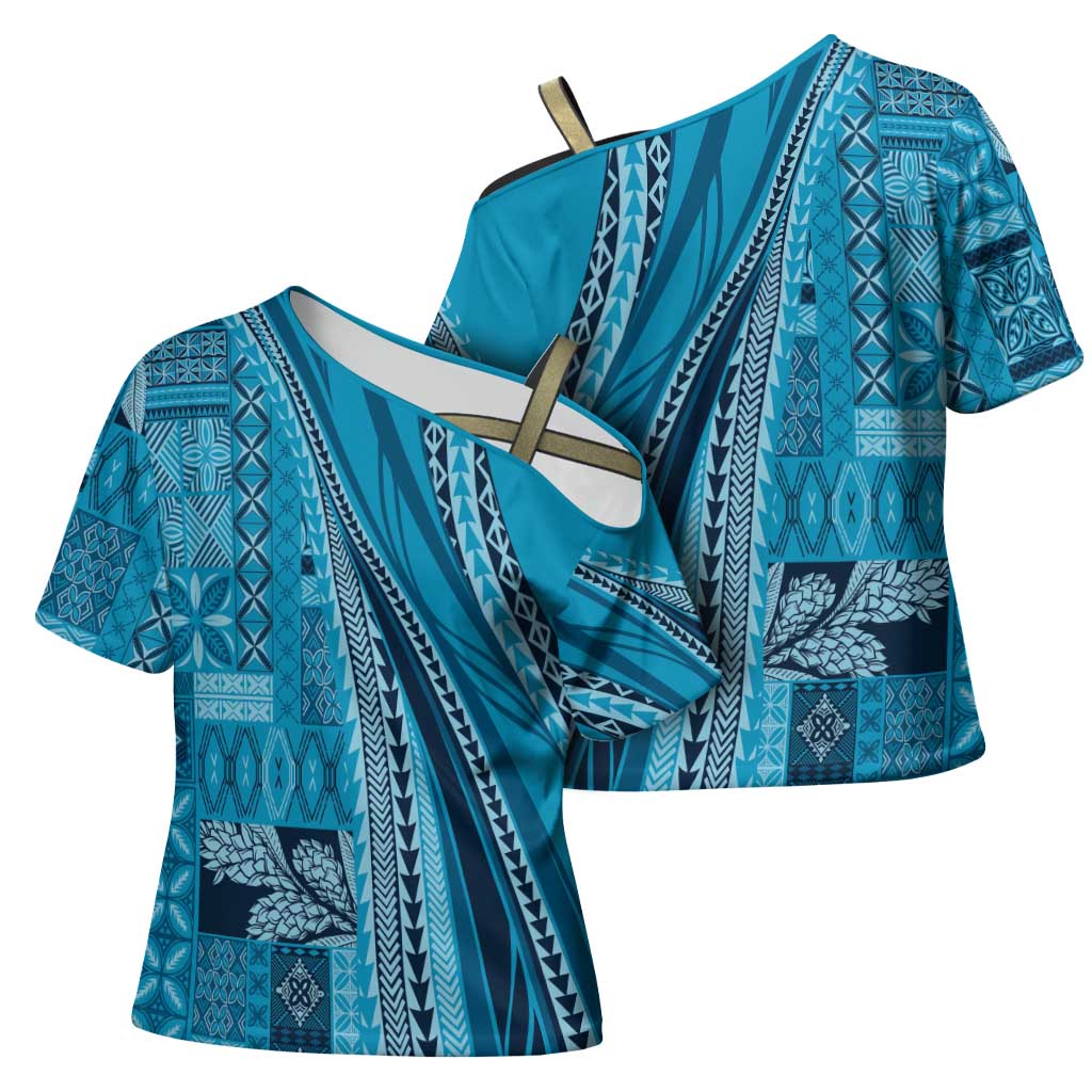 Pasifika Women's Day - Samoa Siapo Malu Tattoo Inspired Cross Shoulder Shirt Turquoise LT7 - Polynesian Pride