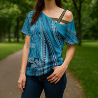 Pasifika Women's Day - Samoa Siapo Malu Tattoo Inspired Cross Shoulder Shirt Turquoise LT7 - Polynesian Pride