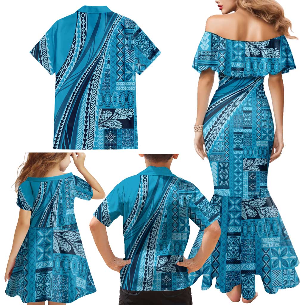 Pasifika Women's Day - Samoa Siapo Malu Tattoo Inspired Family Matching Mermaid Dress and Hawaiian Shirt Turquoise