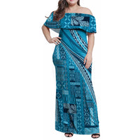 Pasifika Women's Day - Samoa Siapo Malu Tattoo Inspired Family Matching Off Shoulder Maxi Dress and Hawaiian Shirt Turquoise