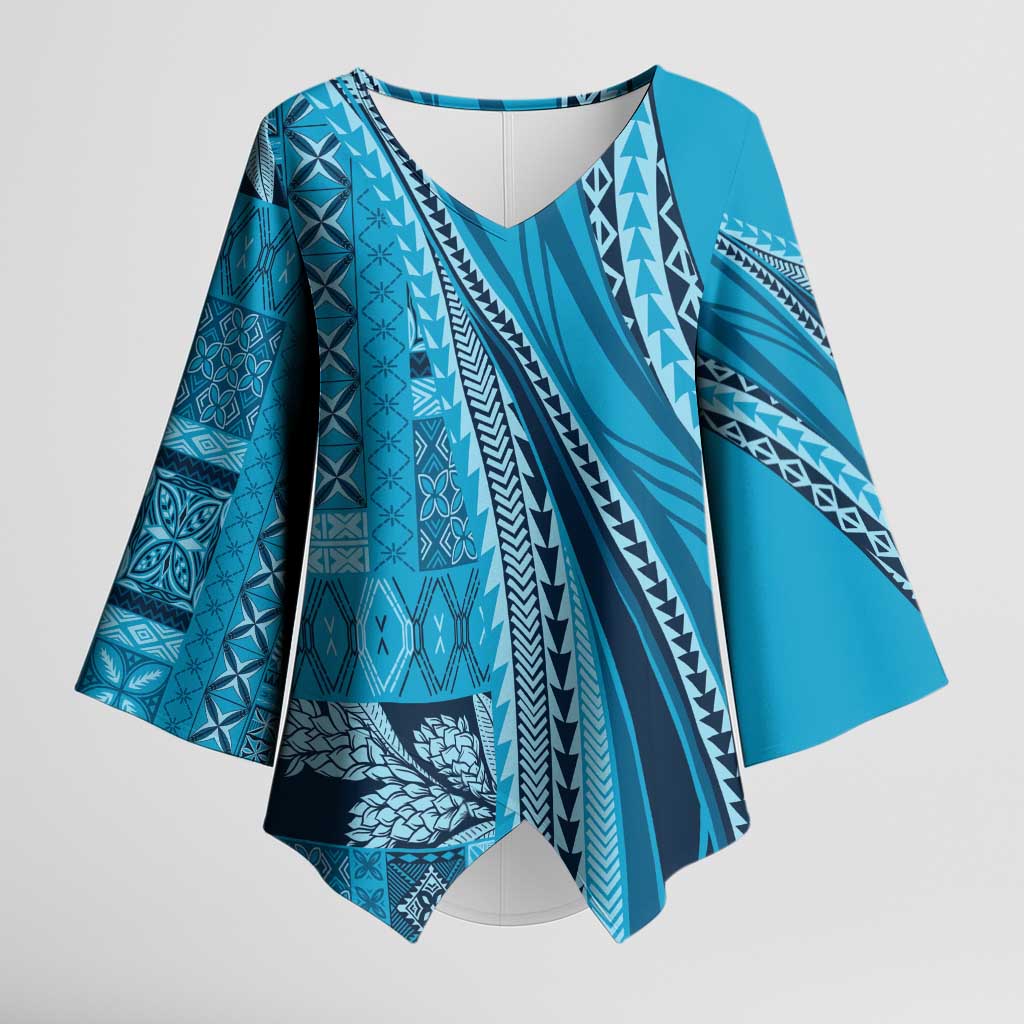 Pasifika Women's Day - Samoa Siapo Malu Tattoo Inspired Kimono Sleeve Blouse Turquoise LT7 Female Turquoise - Polynesian Pride