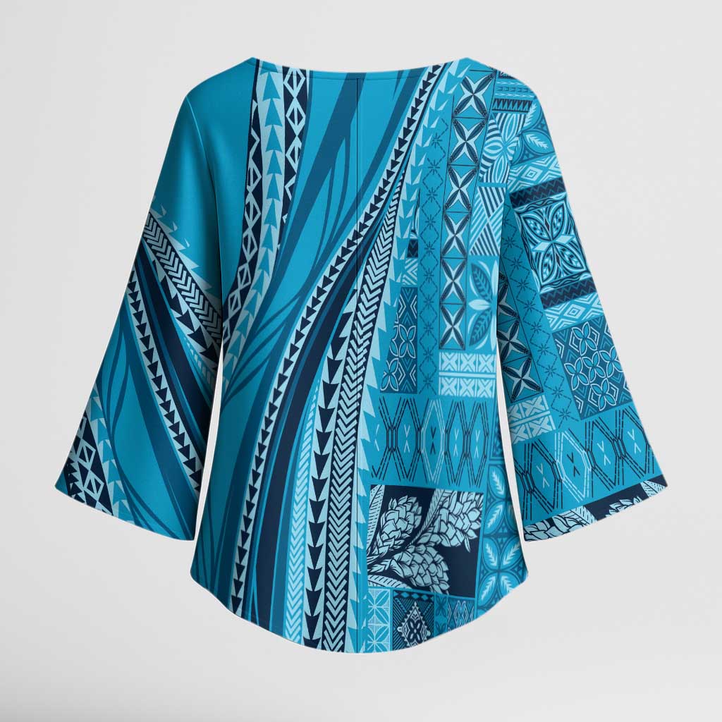 Pasifika Women's Day - Samoa Siapo Malu Tattoo Inspired Kimono Sleeve Blouse Turquoise LT7 - Polynesian Pride