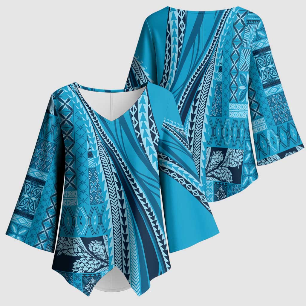 Pasifika Women's Day - Samoa Siapo Malu Tattoo Inspired Kimono Sleeve Blouse Turquoise LT7 - Polynesian Pride