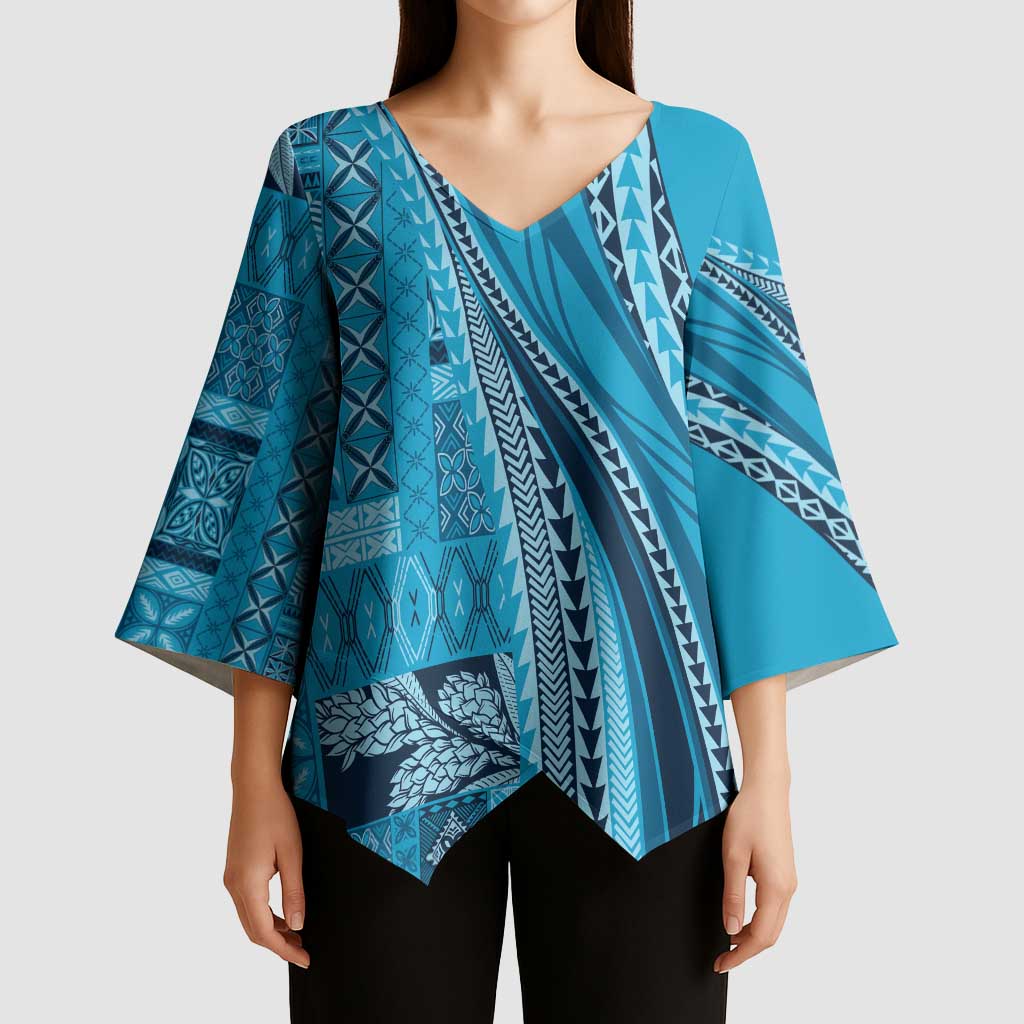 Pasifika Women's Day - Samoa Siapo Malu Tattoo Inspired Kimono Sleeve Blouse Turquoise LT7 - Polynesian Pride