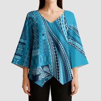 Pasifika Women's Day - Samoa Siapo Malu Tattoo Inspired Kimono Sleeve Blouse Turquoise LT7 - Polynesian Pride