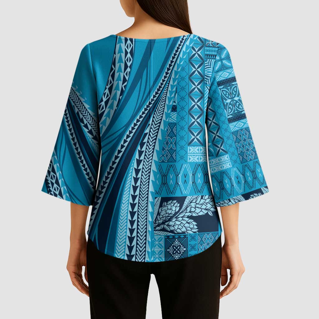 Pasifika Women's Day - Samoa Siapo Malu Tattoo Inspired Kimono Sleeve Blouse Turquoise LT7 - Polynesian Pride