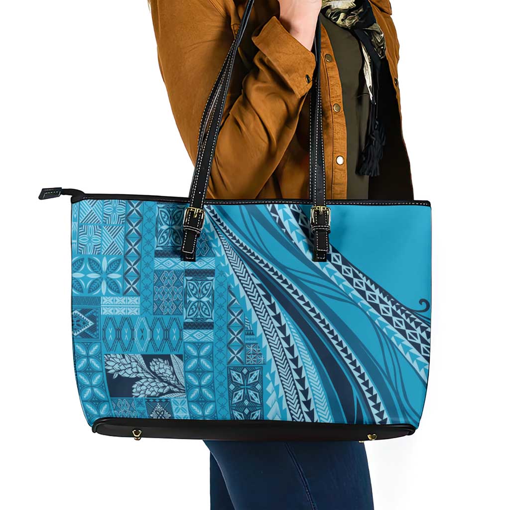 Pasifika Women's Day - Samoa Siapo Malu Tattoo Inspired Leather Tote Bag Turquoise LT7 - Polynesian Pride