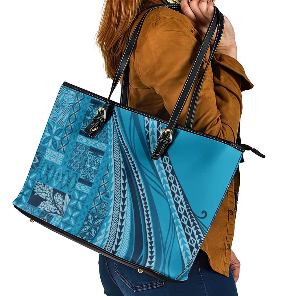 Pasifika Women's Day - Samoa Siapo Malu Tattoo Inspired Leather Tote Bag Turquoise LT7 - Polynesian Pride