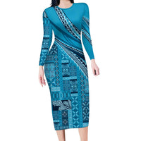 Pasifika Women's Day - Samoa Siapo Malu Tattoo Inspired Long Sleeve Bodycon Dress Turquoise LT7 Long Dress Turquoise - Polynesian Pride