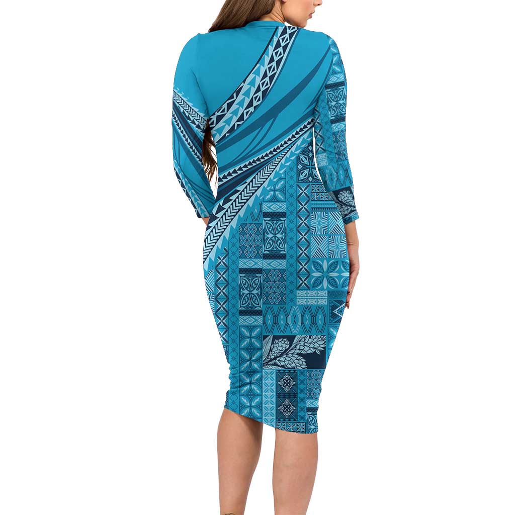 Pasifika Women's Day - Samoa Siapo Malu Tattoo Inspired Long Sleeve Bodycon Dress Turquoise LT7 - Polynesian Pride