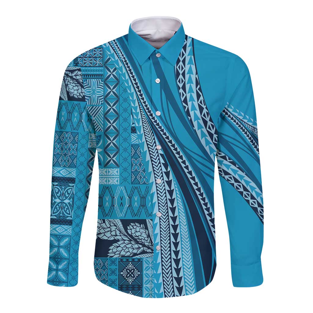 Pasifika Women's Day - Samoa Siapo Malu Tattoo Inspired Long Sleeve Button Shirt Turquoise LT7 Unisex Turquoise - Polynesian Pride