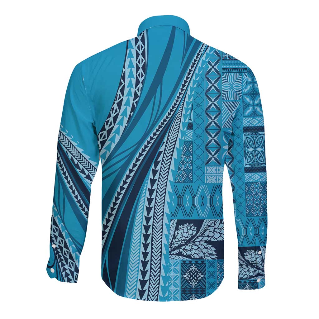 Pasifika Women's Day - Samoa Siapo Malu Tattoo Inspired Long Sleeve Button Shirt Turquoise LT7 - Polynesian Pride