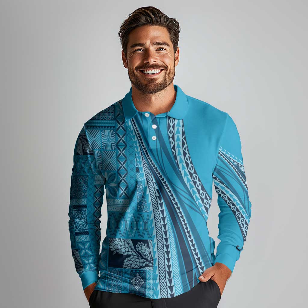 Pasifika Women's Day - Samoa Siapo Malu Tattoo Inspired Long Sleeve Polo Shirt Turquoise LT7 - Polynesian Pride