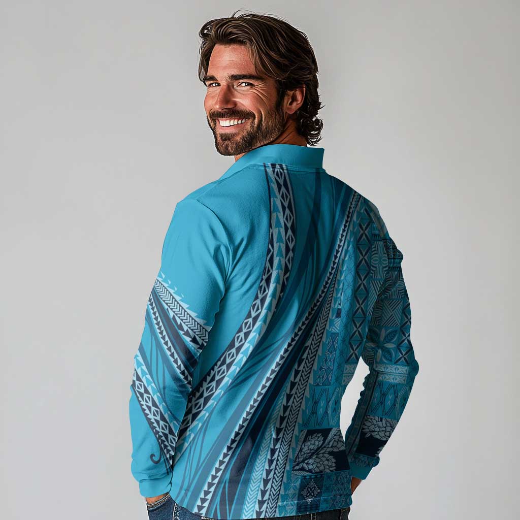 Pasifika Women's Day - Samoa Siapo Malu Tattoo Inspired Long Sleeve Polo Shirt Turquoise LT7 - Polynesian Pride