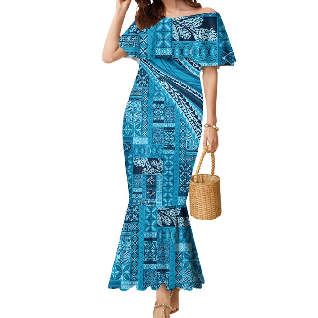 Pasifika Women's Day - Samoa Siapo Malu Tattoo Inspired Mermaid Dress Turquoise LT7 Women Turquoise - Polynesian Pride