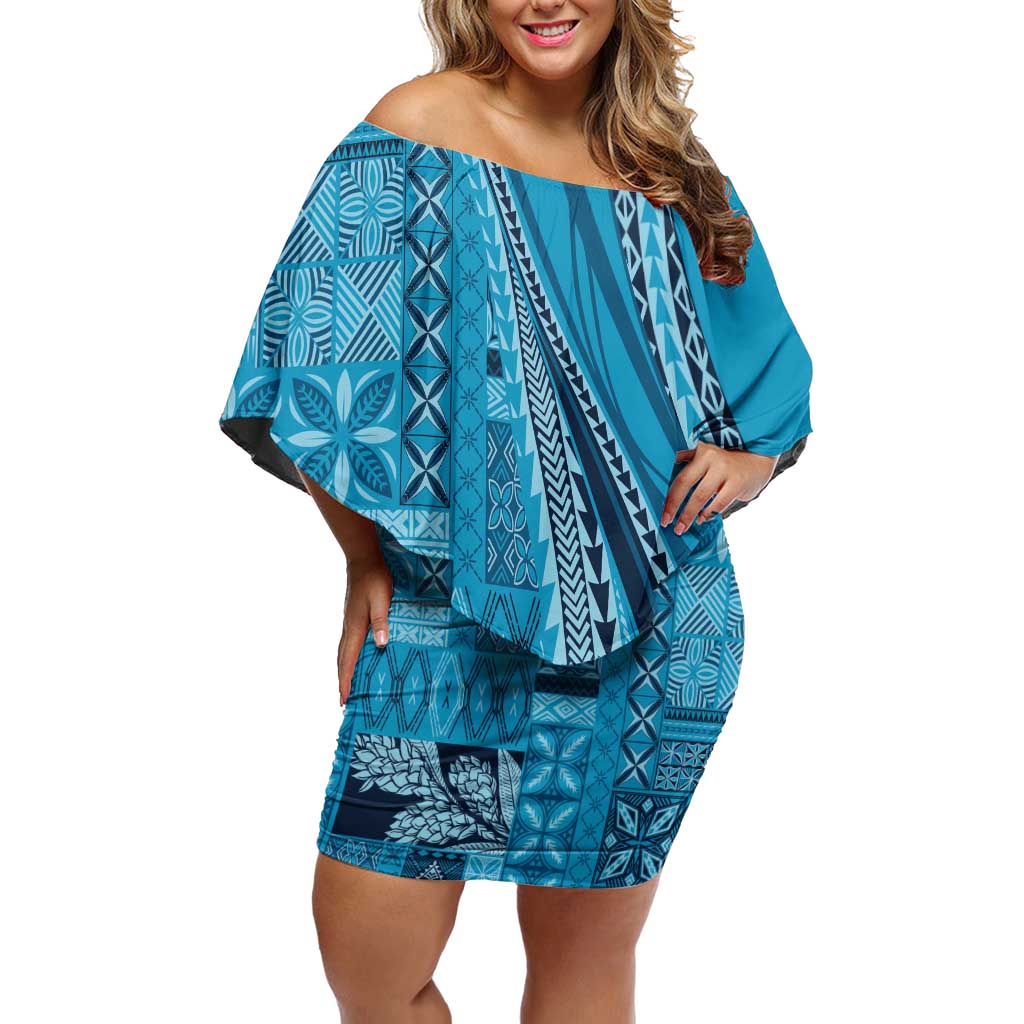 Pasifika Women's Day - Samoa Siapo Malu Tattoo Inspired Off Shoulder Short Dress Turquoise LT7 Women Turquoise - Polynesian Pride