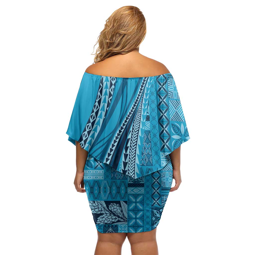 Pasifika Women's Day - Samoa Siapo Malu Tattoo Inspired Off Shoulder Short Dress Turquoise LT7 - Polynesian Pride
