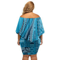Pasifika Women's Day - Samoa Siapo Malu Tattoo Inspired Off Shoulder Short Dress Turquoise LT7 - Polynesian Pride