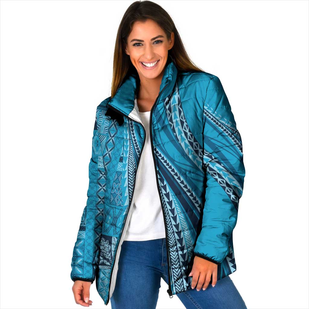 Pasifika Women's Day - Samoa Siapo Malu Tattoo Inspired Padded Jacket Turquoise LT7 Women Turquoise - Polynesian Pride