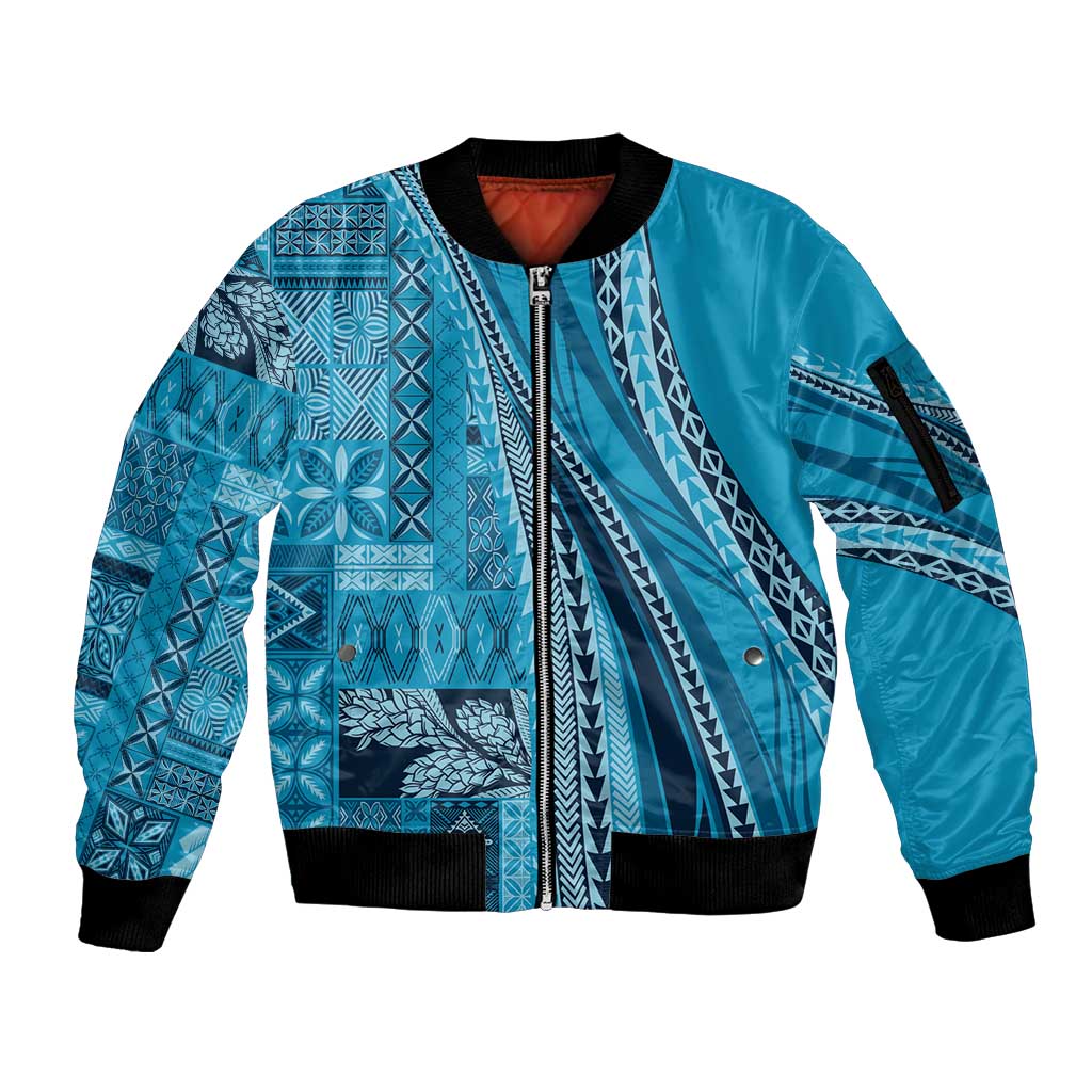 Pasifika Women's Day - Samoa Siapo Malu Tattoo Inspired Sleeve Zip Bomber Jacket Turquoise
