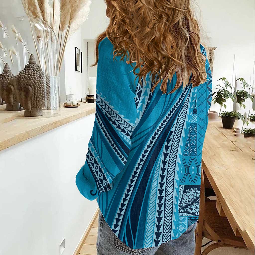 Pasifika Women's Day - Samoa Siapo Malu Tattoo Inspired Women Casual Shirt Turquoise LT7 - Polynesian Pride