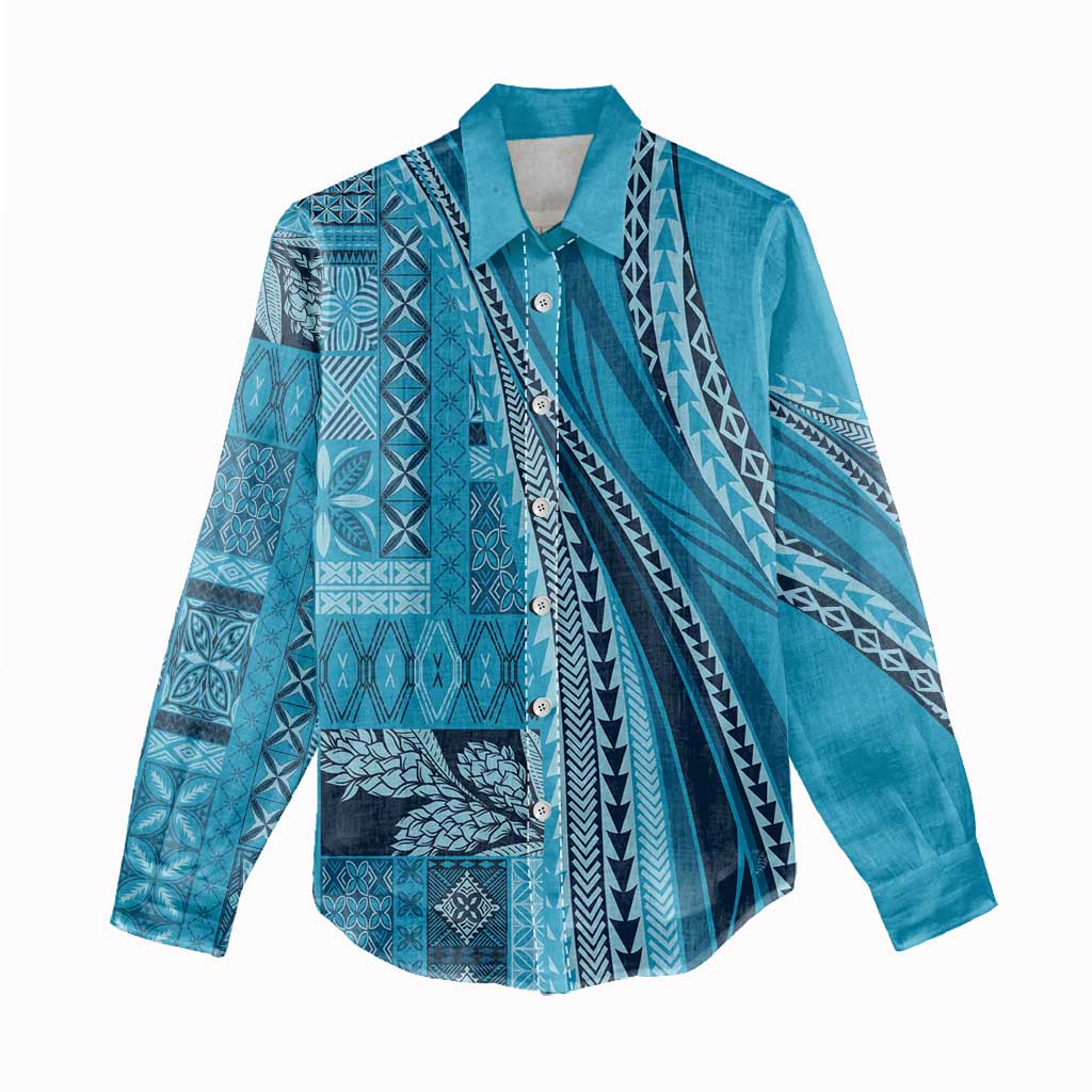 Pasifika Women's Day - Samoa Siapo Malu Tattoo Inspired Women Casual Shirt Turquoise LT7 - Polynesian Pride
