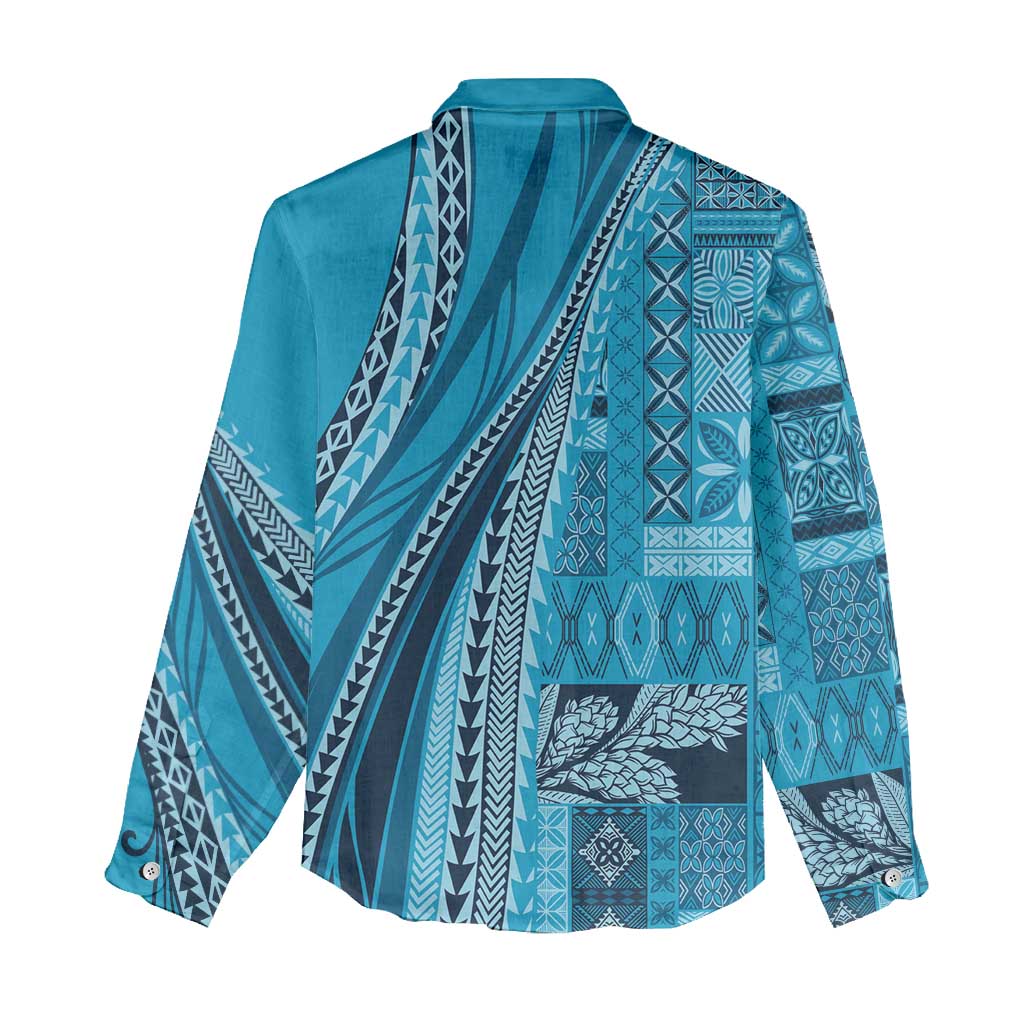 Pasifika Women's Day - Samoa Siapo Malu Tattoo Inspired Women Casual Shirt Turquoise LT7 - Polynesian Pride