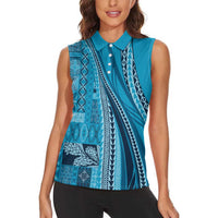 Pasifika Women's Day - Samoa Siapo Malu Tattoo Inspired Women Sleeveless Polo Shirt Turquoise LT7 - Polynesian Pride