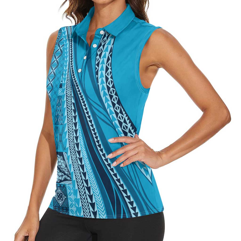 Pasifika Women's Day - Samoa Siapo Malu Tattoo Inspired Women Sleeveless Polo Shirt Turquoise LT7 - Polynesian Pride