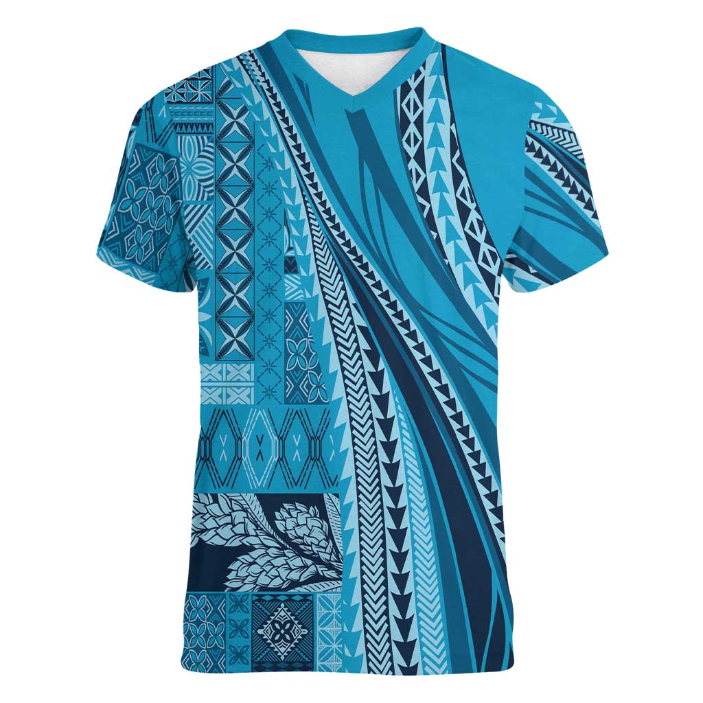 Pasifika Women's Day - Samoa Siapo Malu Tattoo Inspired Women V-Neck T-Shirt Turquoise LT7 Female Turquoise - Polynesian Pride