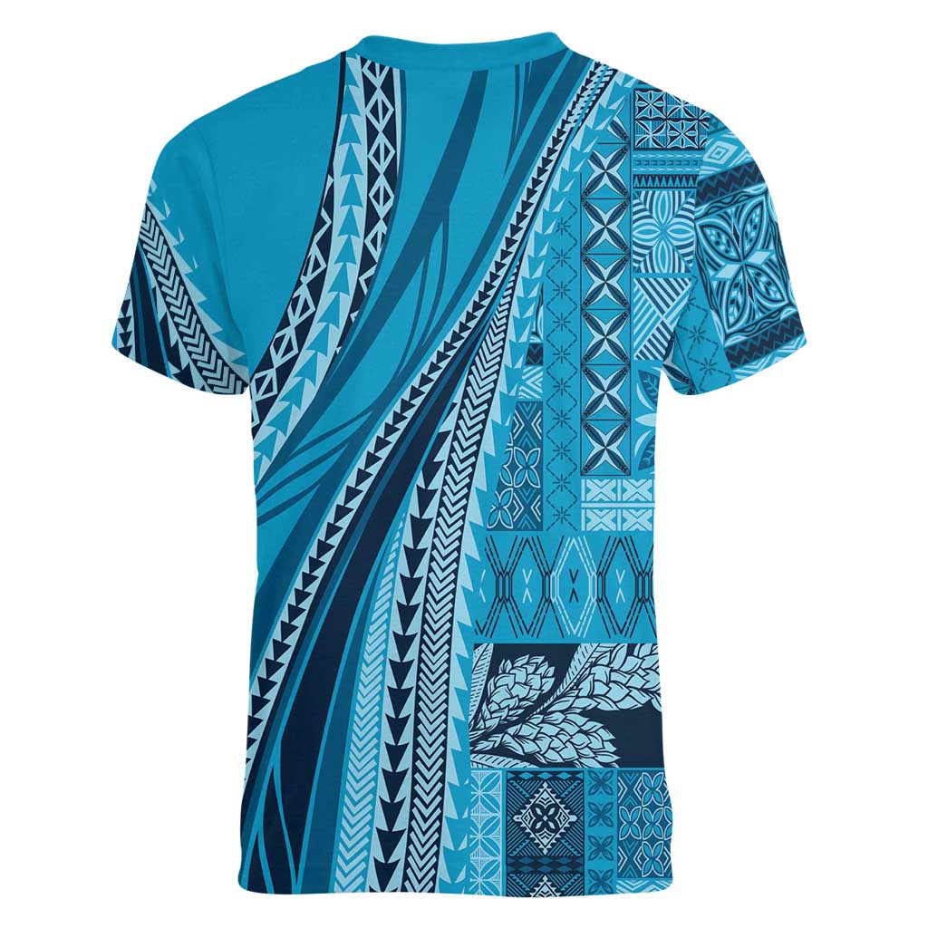 Pasifika Women's Day - Samoa Siapo Malu Tattoo Inspired Women V-Neck T-Shirt Turquoise LT7 - Polynesian Pride