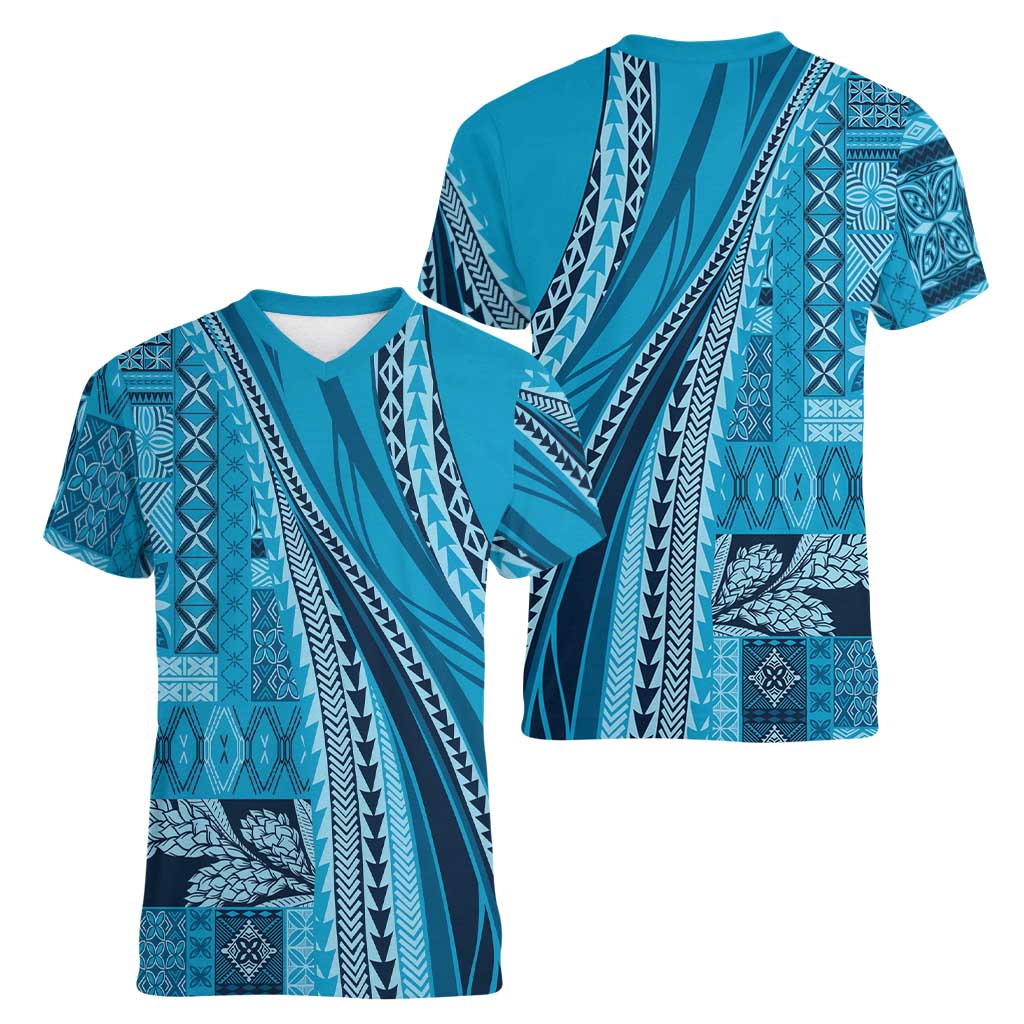 Pasifika Women's Day - Samoa Siapo Malu Tattoo Inspired Women V-Neck T-Shirt Turquoise LT7 - Polynesian Pride