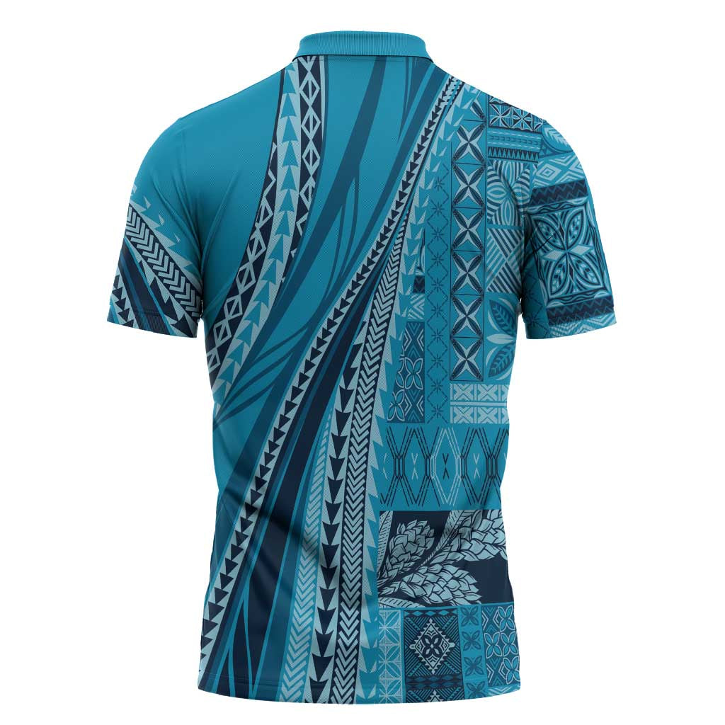 Pasifika Women's Day - Samoa Siapo Malu Tattoo Inspired Zipper Polo Shirt Turquoise LT7 - Polynesian Pride