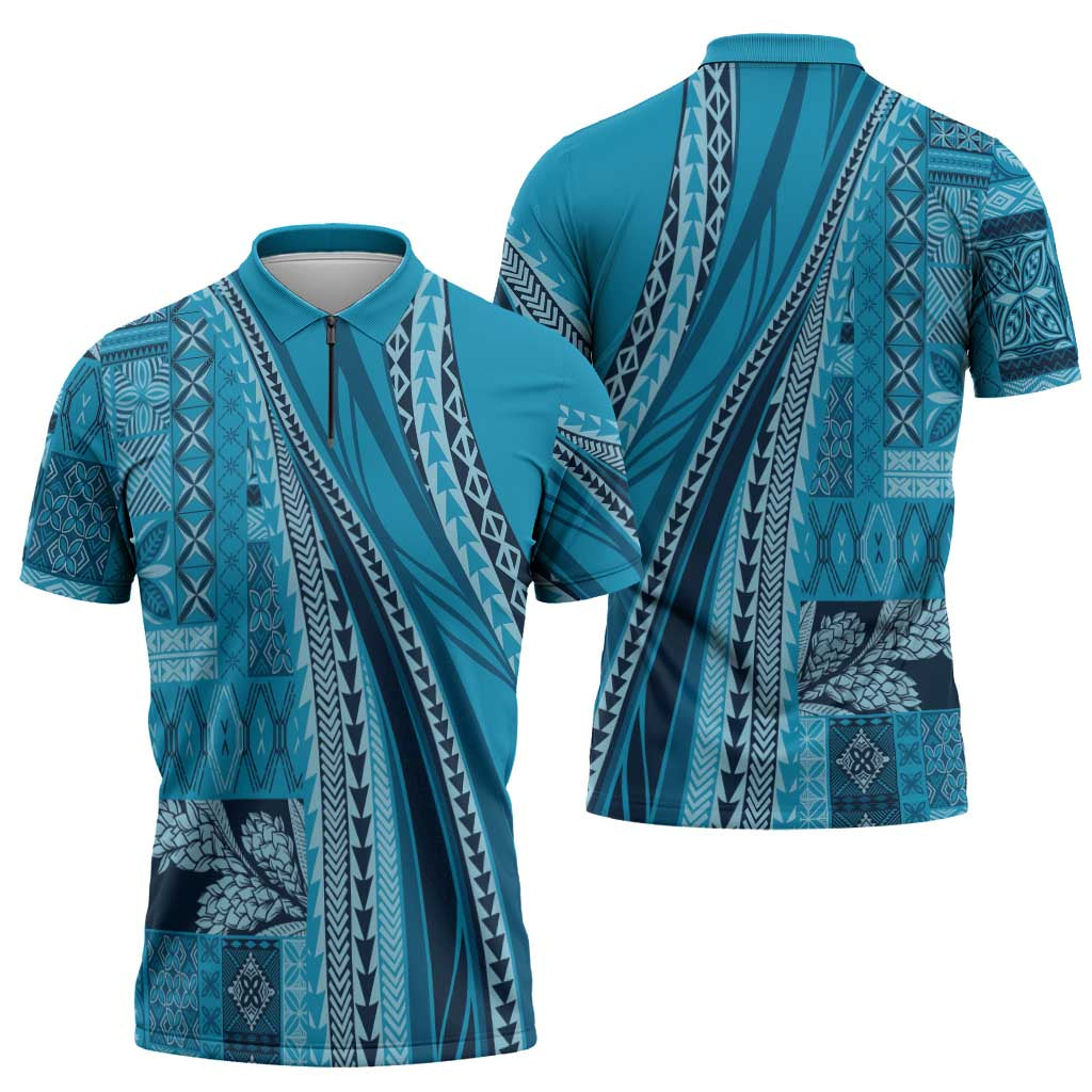 Pasifika Women's Day - Samoa Siapo Malu Tattoo Inspired Zipper Polo Shirt Turquoise LT7 - Polynesian Pride