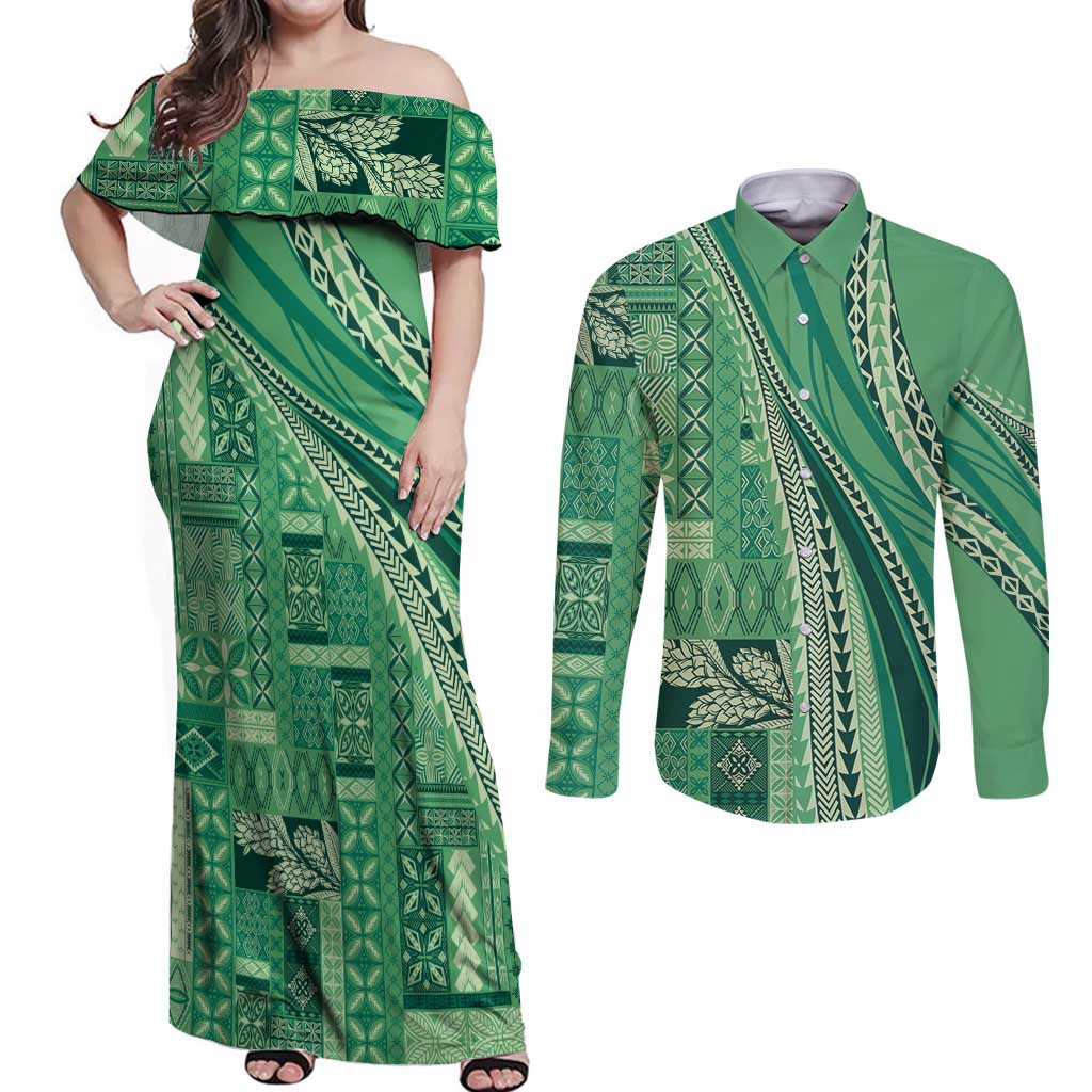 Pasifika Women's Day - Samoa Siapo Malu Tattoo Inspired Couples Matching Off Shoulder Maxi Dress and Long Sleeve Button Shirt Jade LT7 Jade - Polynesian Pride