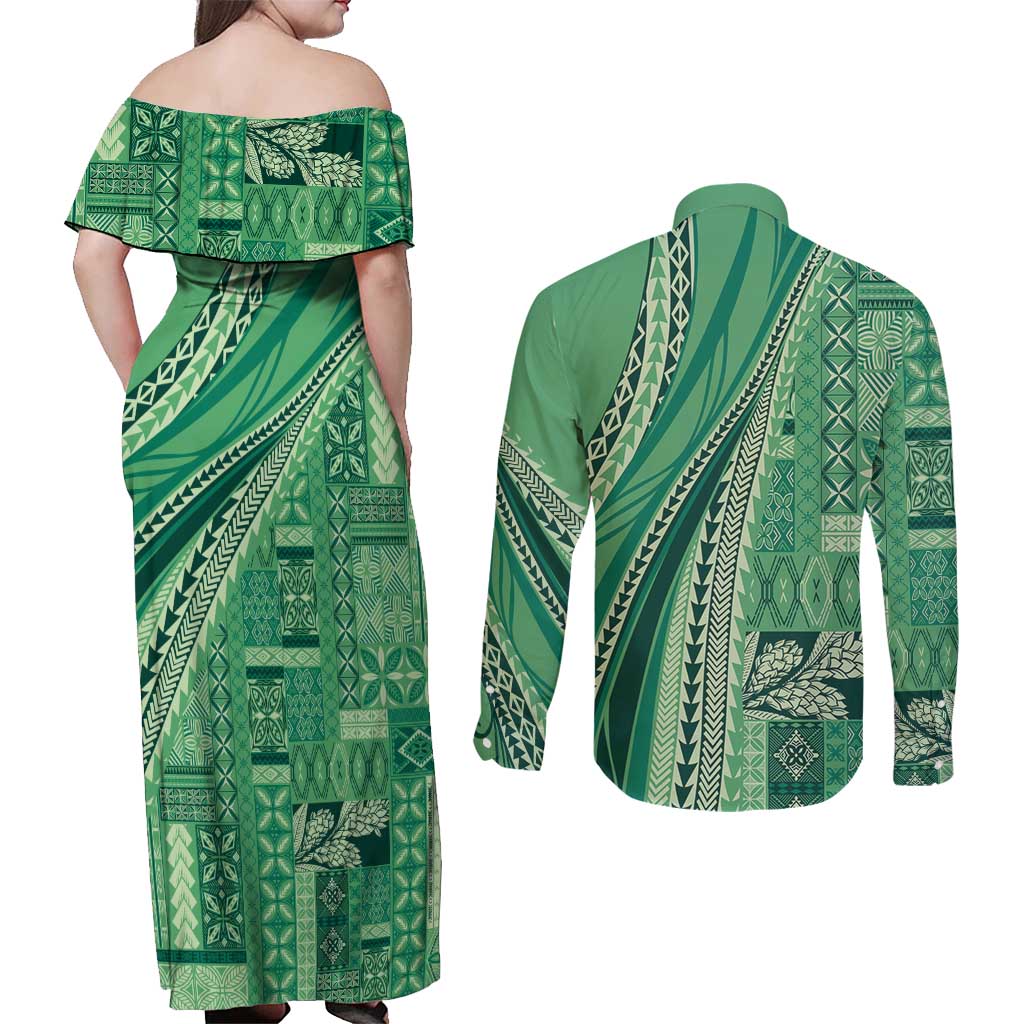Pasifika Women's Day - Samoa Siapo Malu Tattoo Inspired Couples Matching Off Shoulder Maxi Dress and Long Sleeve Button Shirt Jade LT7 - Polynesian Pride
