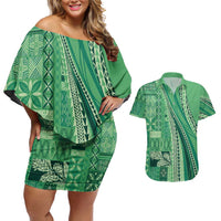 Pasifika Women's Day - Samoa Siapo Malu Tattoo Inspired Couples Matching Off Shoulder Short Dress and Hawaiian Shirt Jade
