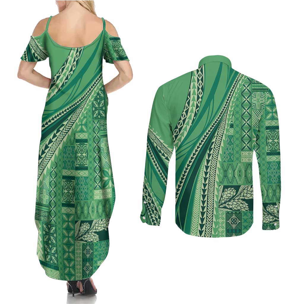 Pasifika Women's Day - Samoa Siapo Malu Tattoo Inspired Couples Matching Summer Maxi Dress and Long Sleeve Button Shirt Jade LT7 - Polynesian Pride