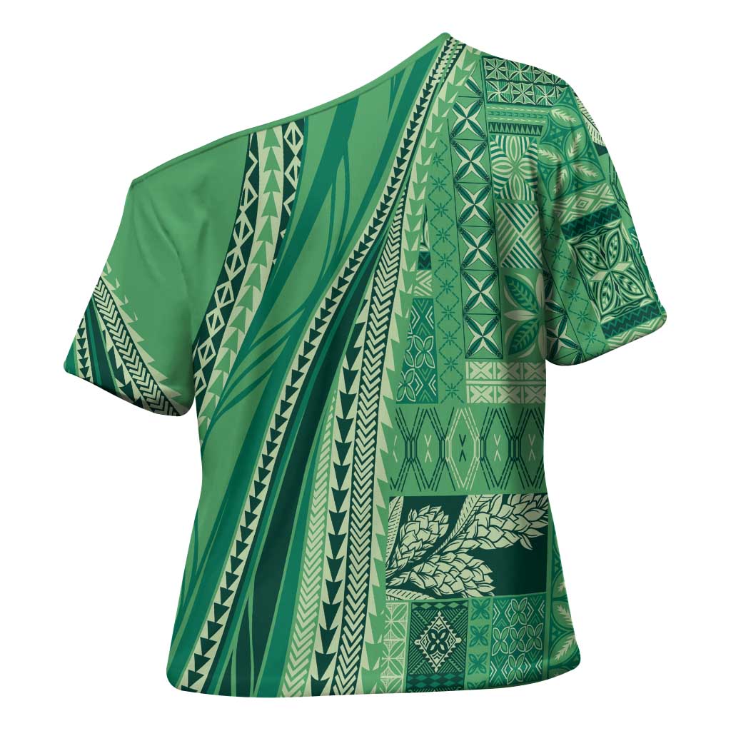 Pasifika Women's Day - Samoa Siapo Malu Tattoo Inspired Cross Shoulder Shirt Jade LT7 - Polynesian Pride