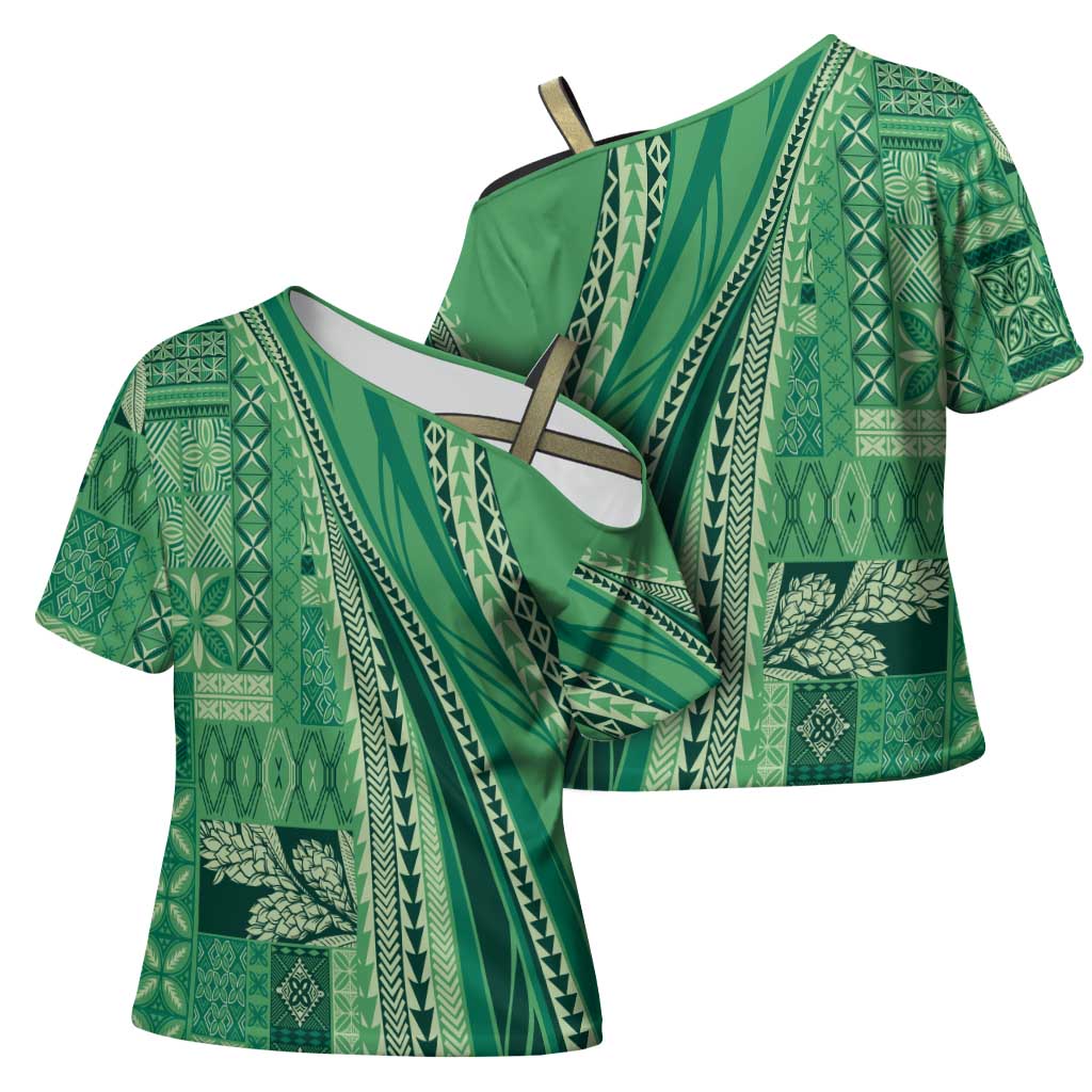 Pasifika Women's Day - Samoa Siapo Malu Tattoo Inspired Cross Shoulder Shirt Jade LT7 - Polynesian Pride