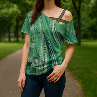 Pasifika Women's Day - Samoa Siapo Malu Tattoo Inspired Cross Shoulder Shirt Jade LT7 - Polynesian Pride