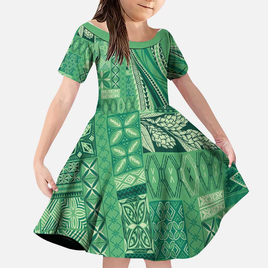 Pasifika Women's Day - Samoa Siapo Malu Tattoo Inspired Family Matching Long Sleeve Bodycon Dress and Hawaiian Shirt Jade