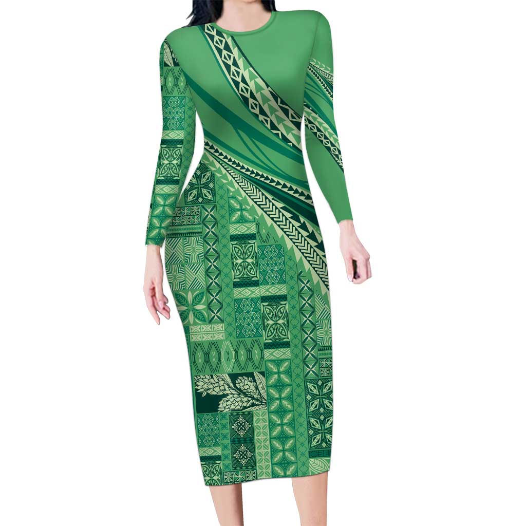 Pasifika Women's Day - Samoa Siapo Malu Tattoo Inspired Family Matching Long Sleeve Bodycon Dress and Hawaiian Shirt Jade