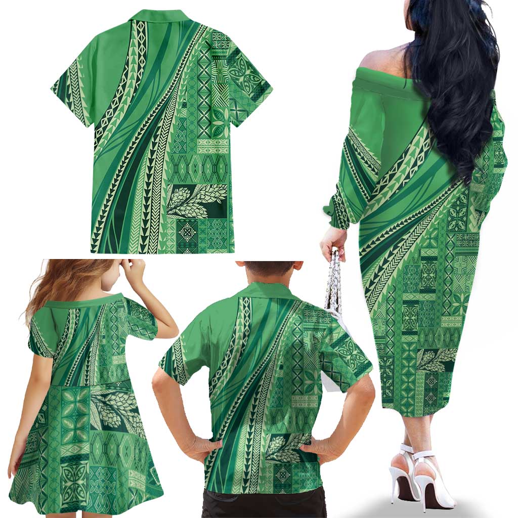 Pasifika Women's Day - Samoa Siapo Malu Tattoo Inspired Family Matching Off The Shoulder Long Sleeve Dress and Hawaiian Shirt Jade