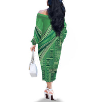 Pasifika Women's Day - Samoa Siapo Malu Tattoo Inspired Family Matching Off The Shoulder Long Sleeve Dress and Hawaiian Shirt Jade