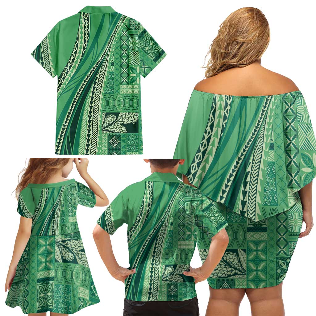 Pasifika Women's Day - Samoa Siapo Malu Tattoo Inspired Family Matching Off Shoulder Short Dress and Hawaiian Shirt Jade