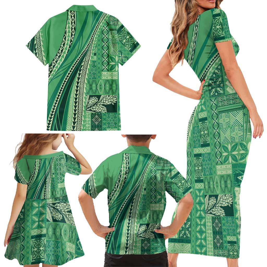 Pasifika Women's Day - Samoa Siapo Malu Tattoo Inspired Family Matching Short Sleeve Bodycon Dress and Hawaiian Shirt Jade