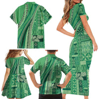 Pasifika Women's Day - Samoa Siapo Malu Tattoo Inspired Family Matching Short Sleeve Bodycon Dress and Hawaiian Shirt Jade